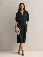 Women's Black Oversized Linen Midi Dress Long Sleeve Button Down Collar Relaxed Fit Shirt Dress