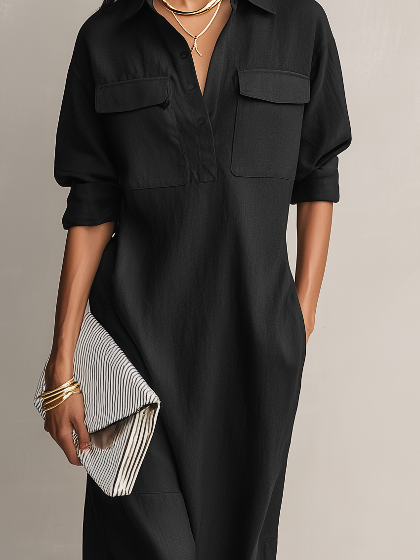 Women's Black Oversized Linen Midi Dress Long Sleeve Button Down Collar Relaxed Fit Shirt Dress