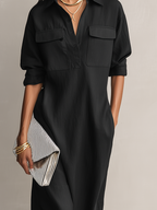 Women's Black Oversized Linen Midi Dress Long Sleeve Button Down Collar Relaxed Fit Shirt Dress