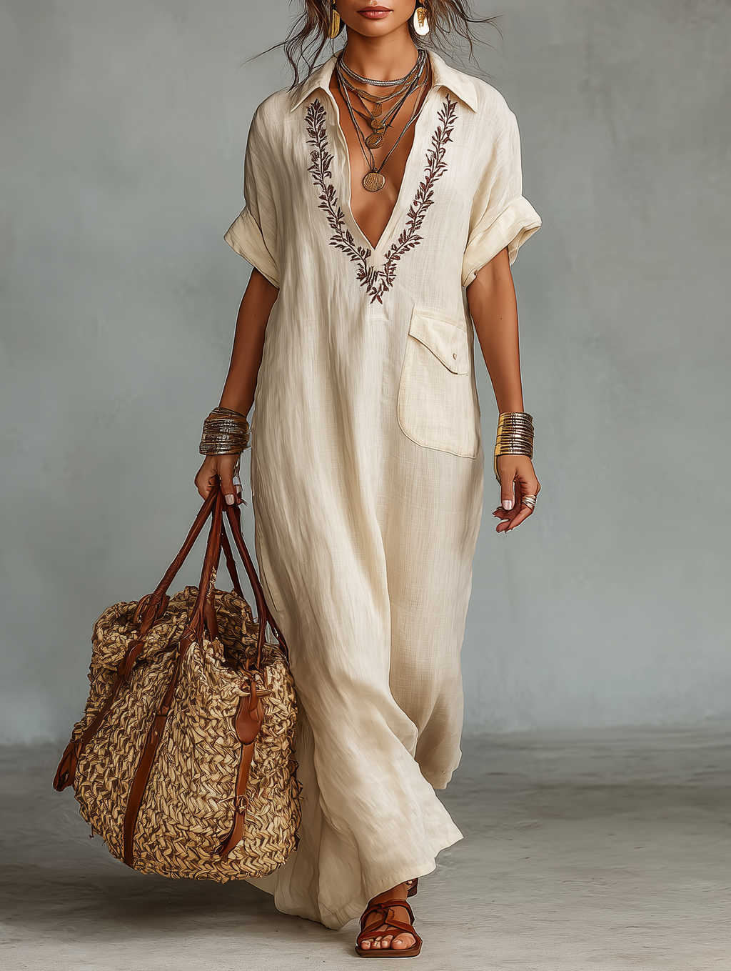 Women's Cream Linen Embroidered Shirt Dress Deep V-Neck Botanical Detail Chest Pocket Resort & Boho Style