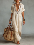 Women's Cream Linen Embroidered Shirt Dress Deep V-Neck Botanical Detail Chest Pocket Resort & Boho Style
