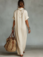 Women's Cream Linen Embroidered Shirt Dress Deep V-Neck Botanical Detail Chest Pocket Resort & Boho Style