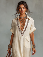Women's Cream Linen Embroidered Shirt Dress Deep V-Neck Botanical Detail Chest Pocket Resort & Boho Style