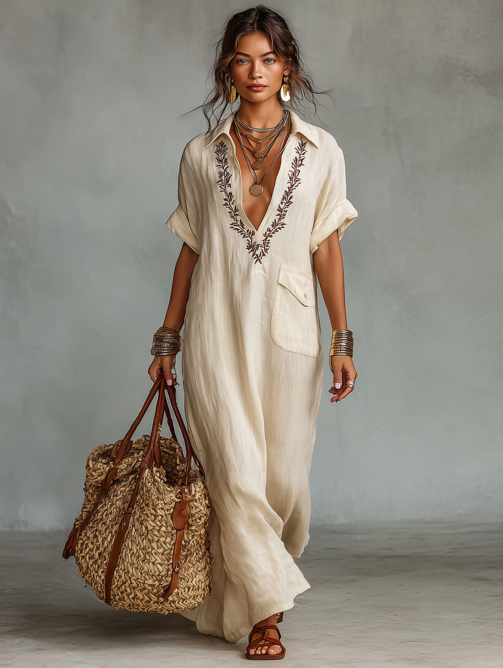 Women's Cream Linen Embroidered Shirt Dress Deep V-Neck Botanical Detail Chest Pocket Resort & Boho Style