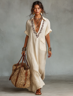 Women's Cream Linen Embroidered Shirt Dress Deep V-Neck Botanical Detail Chest Pocket Resort & Boho Style