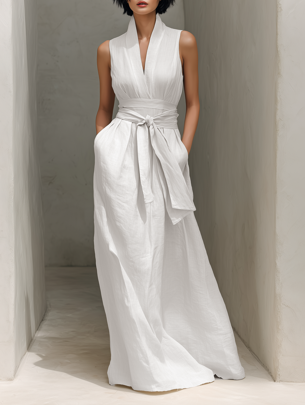 Women's White Linen Wrap Midi Dress Sleeveless V Neck Tie Waist Belted Summer Dress with Pockets
