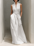 Women's White Linen Wrap Midi Dress Sleeveless V Neck Tie Waist Belted Summer Dress with Pockets