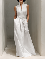 Women's White Linen Wrap Midi Dress Sleeveless V Neck Tie Waist Belted Summer Dress with Pockets
