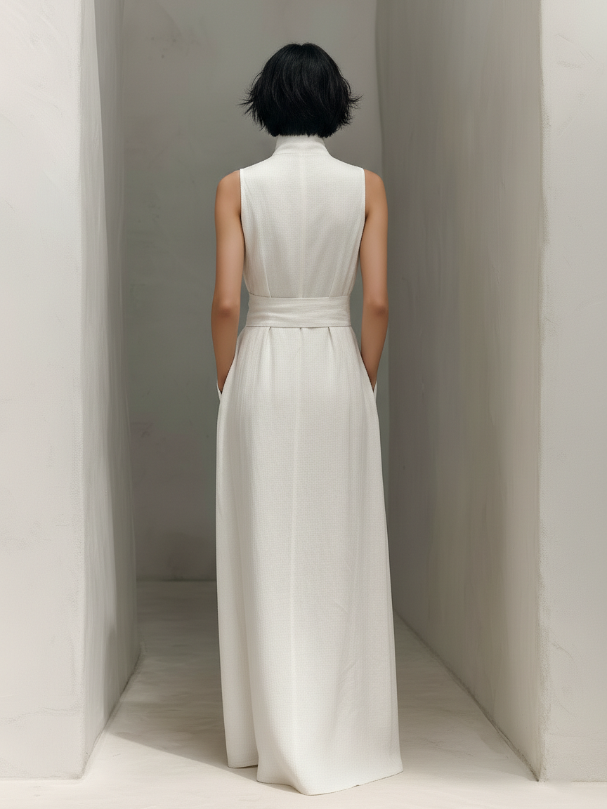 Women's White Linen Wrap Midi Dress Sleeveless V Neck Tie Waist Belted Summer Dress with Pockets