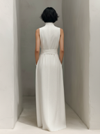 Women's White Linen Wrap Midi Dress Sleeveless V Neck Tie Waist Belted Summer Dress with Pockets