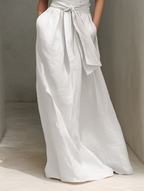 Women's White Linen Wrap Midi Dress Sleeveless V Neck Tie Waist Belted Summer Dress with Pockets