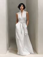 Women's White Linen Wrap Midi Dress Sleeveless V Neck Tie Waist Belted Summer Dress with Pockets