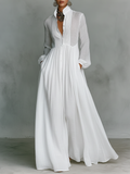 Women's White Long Sleeve Pleated Maxi Dress Band Collar Fitted Bodice Full Skirt Elegant & Resort Wear
