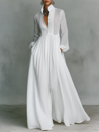 Women's White Long Sleeve Pleated Maxi Dress Band Collar Fitted Bodice Full Skirt Elegant & Resort Wear