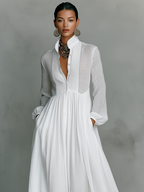 Women's White Long Sleeve Pleated Maxi Dress Band Collar Fitted Bodice Full Skirt Elegant & Resort Wear