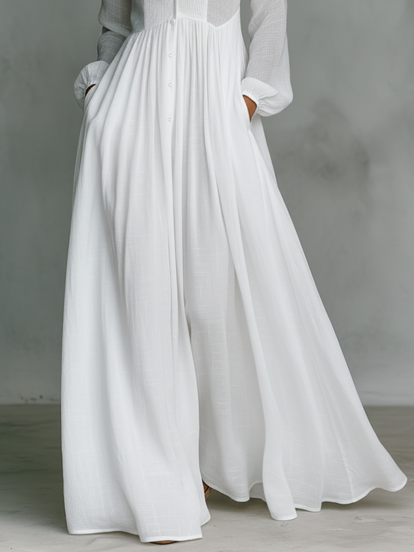 Women's White Long Sleeve Pleated Maxi Dress Band Collar Fitted Bodice Full Skirt Elegant & Resort Wear