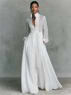 Women's White Long Sleeve Pleated Maxi Dress Band Collar Fitted Bodice Full Skirt Elegant & Resort Wear