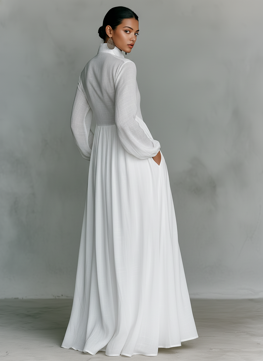 Women's White Long Sleeve Pleated Maxi Dress Band Collar Fitted Bodice Full Skirt Elegant & Resort Wear