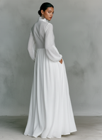 Women's White Long Sleeve Pleated Maxi Dress Band Collar Fitted Bodice Full Skirt Elegant & Resort Wear