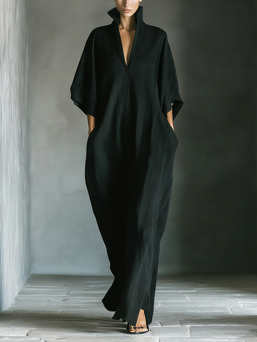 Women's Black Linen Kimono Sleeve Cocoon Maxi Dress Deep V Neck Side Pockets Oversized Fit Minimalist & Resort