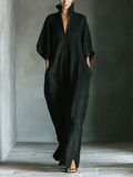 Women's Black Linen Kimono Sleeve Cocoon Maxi Dress Deep V Neck Side Pockets Oversized Fit Minimalist & Resort