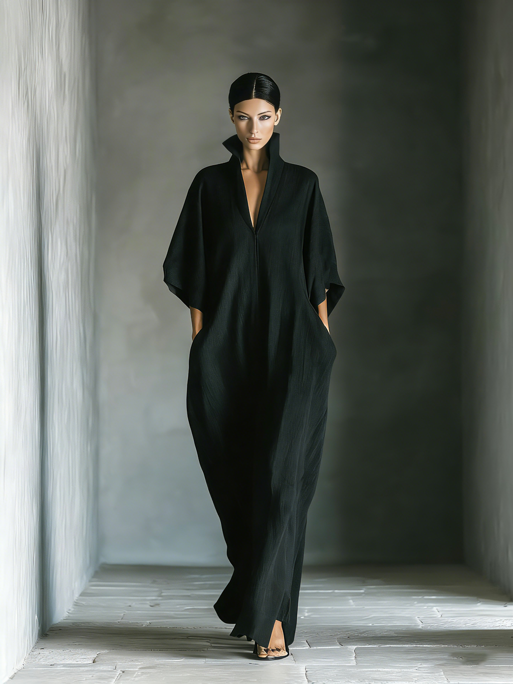 Women's Black Linen Kimono Sleeve Cocoon Maxi Dress Deep V Neck Side Pockets Oversized Fit Minimalist & Resort