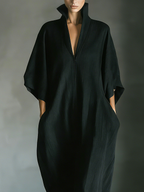 Women's Black Linen Kimono Sleeve Cocoon Maxi Dress Deep V Neck Side Pockets Oversized Fit Minimalist & Resort