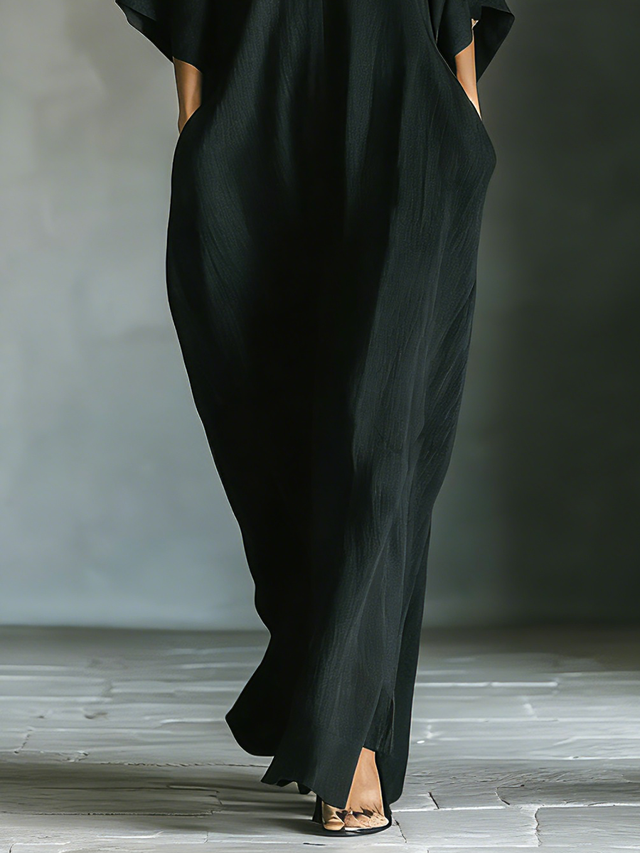Women's Black Linen Kimono Sleeve Cocoon Maxi Dress Deep V Neck Side Pockets Oversized Fit Minimalist & Resort