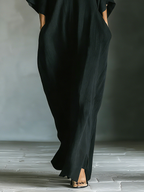 Women's Black Linen Kimono Sleeve Cocoon Maxi Dress Deep V Neck Side Pockets Oversized Fit Minimalist & Resort