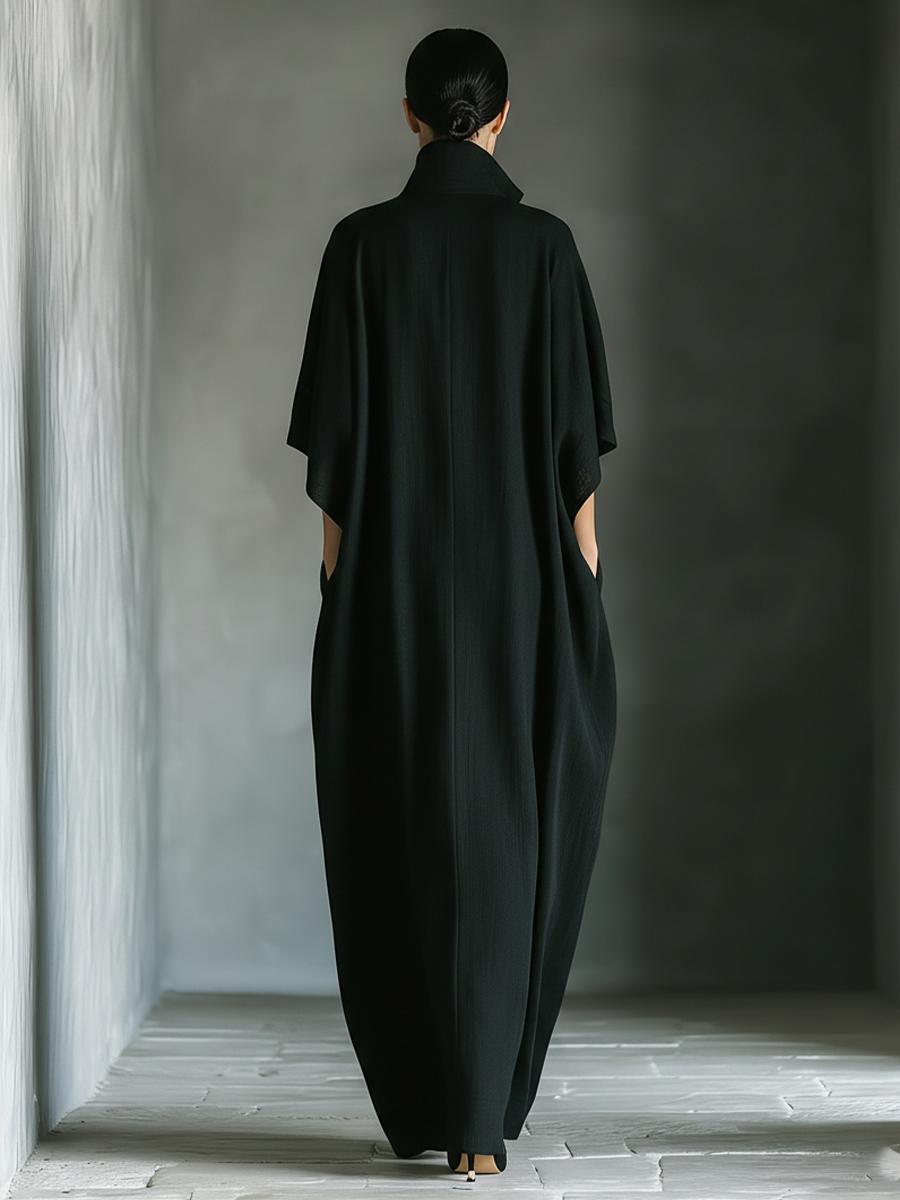 Women's Black Linen Kimono Sleeve Cocoon Maxi Dress Deep V Neck Side Pockets Oversized Fit Minimalist & Resort