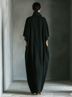 Women's Black Linen Kimono Sleeve Cocoon Maxi Dress Deep V Neck Side Pockets Oversized Fit Minimalist & Resort