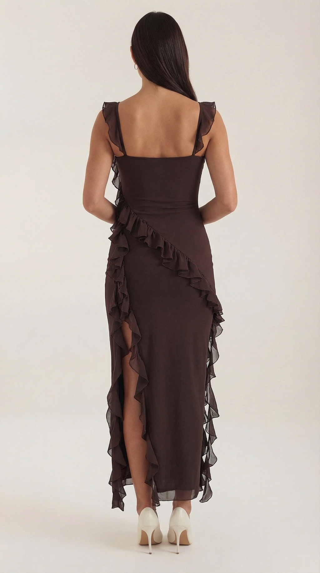 Women's Ruffled Maxi Dress — Women’s Square Neck High Slit Bodycon Ruffle Evening Gown