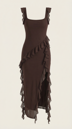 Women's Ruffled Maxi Dress — Women’s Square Neck High Slit Bodycon Ruffle Evening Gown