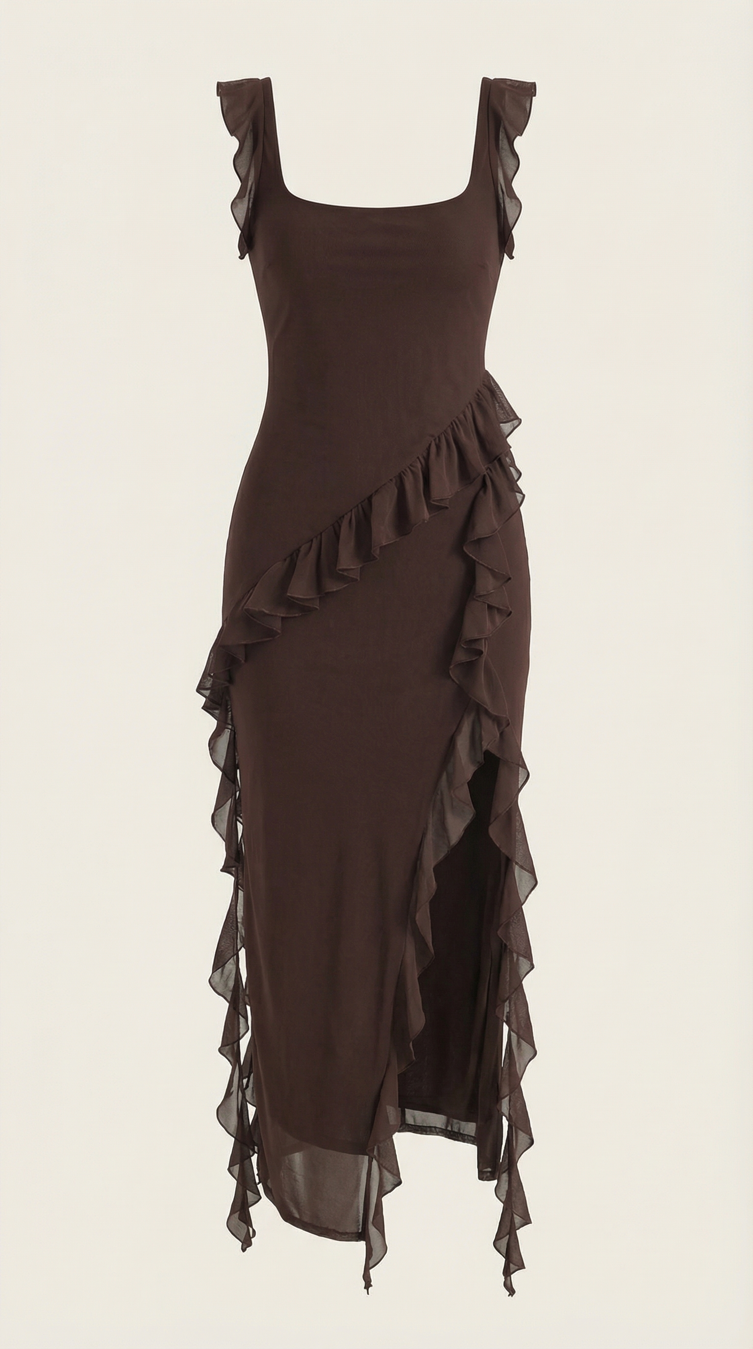 Women's Ruffled Maxi Dress — Women’s Square Neck High Slit Bodycon Ruffle Evening Gown