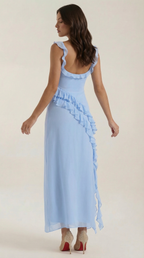 Women's Ruffled Maxi Dress — Women’s Square Neck High Slit Bodycon Ruffle Evening Gown