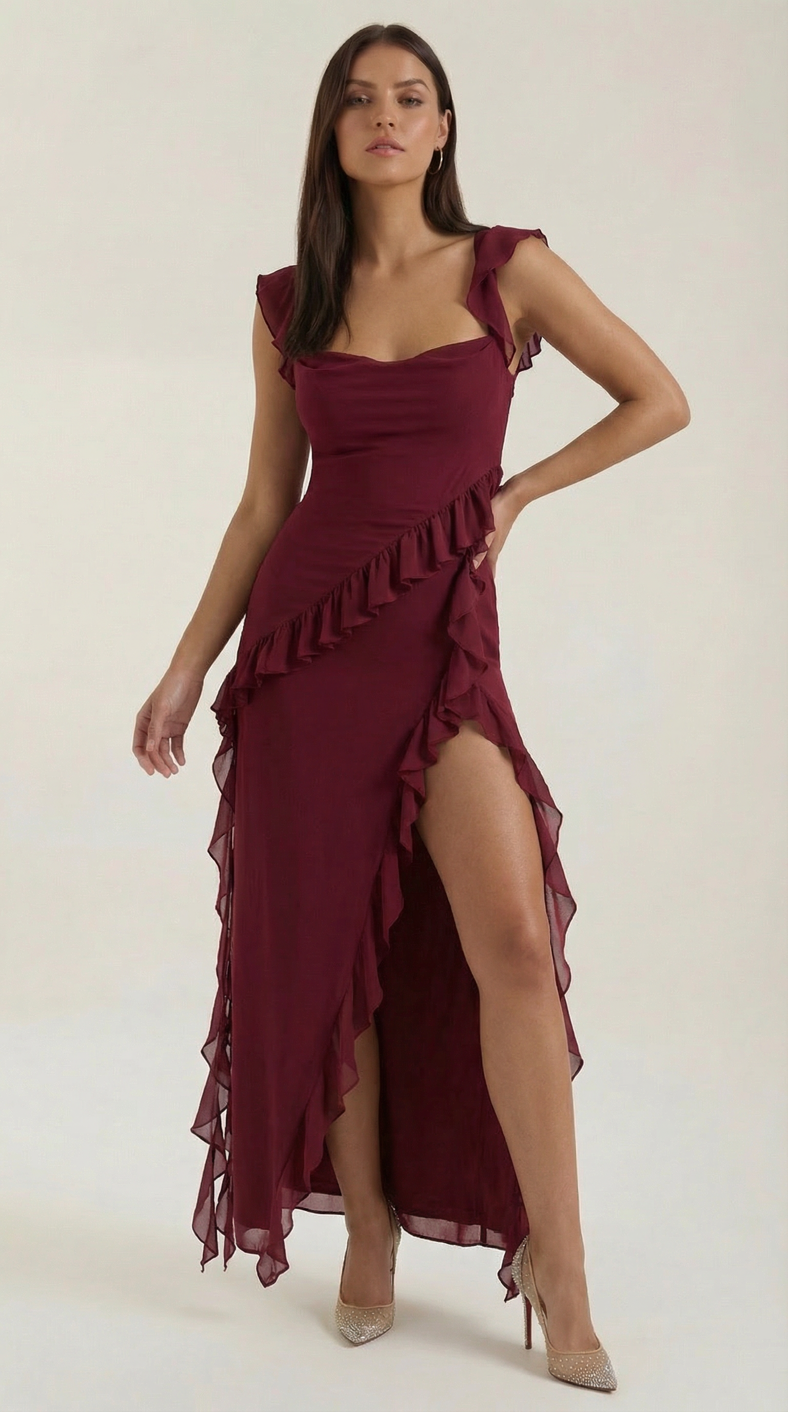 Women's Ruffled Maxi Dress — Women’s Square Neck High Slit Bodycon Ruffle Evening Gown