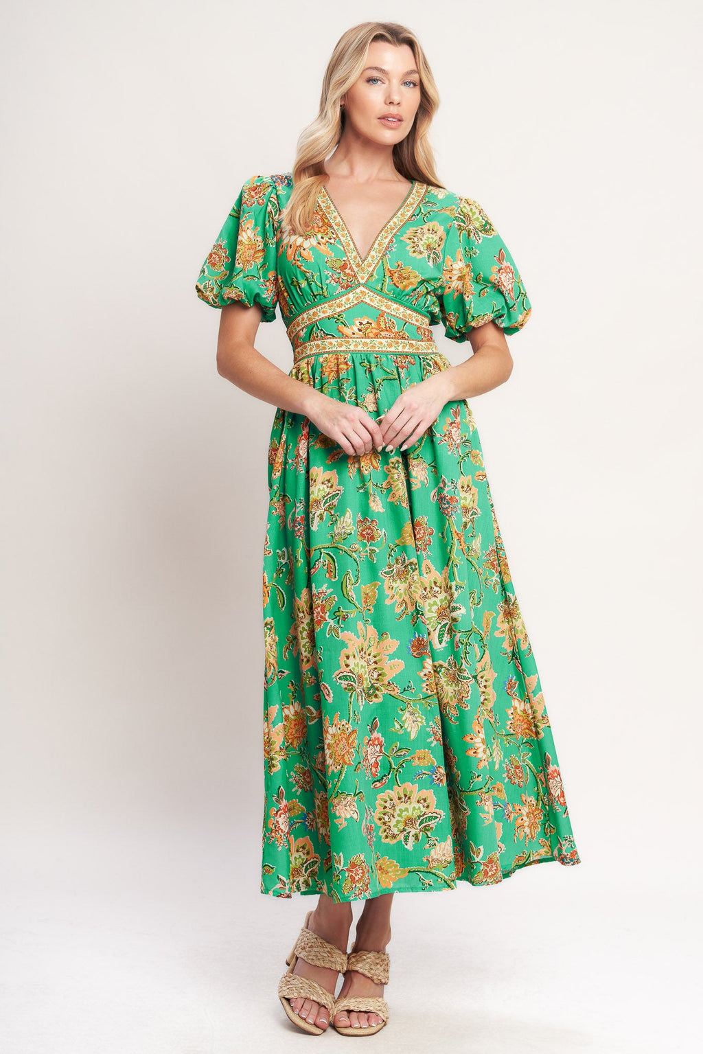 Printed V-Neck Puff Sleeve Waist Yoke Woven Midi Dress