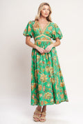 Printed V-Neck Puff Sleeve Waist Yoke Woven Midi Dress