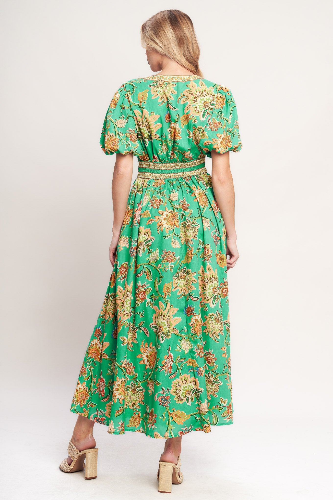 Printed V-Neck Puff Sleeve Waist Yoke Woven Midi Dress