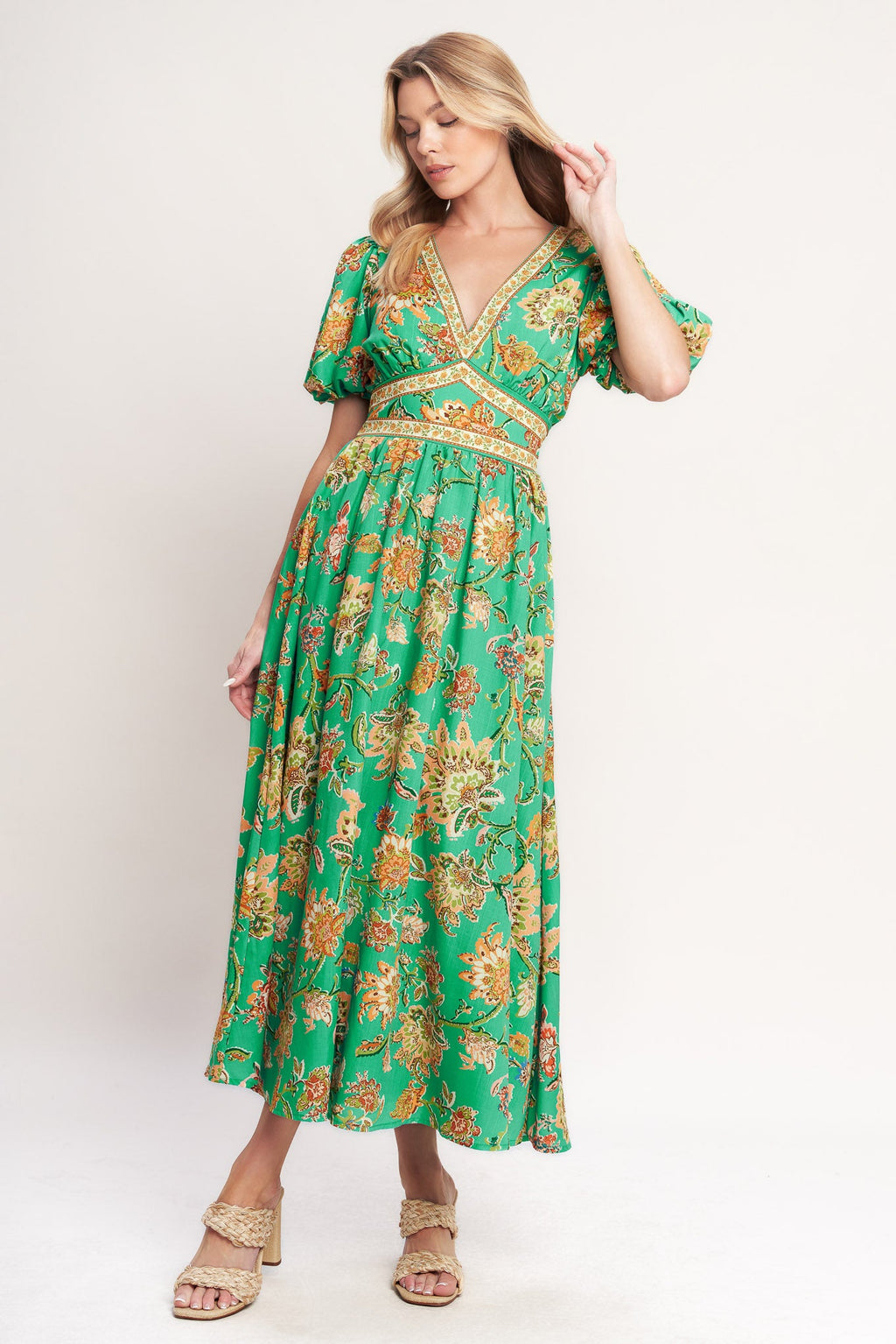 Printed V-Neck Puff Sleeve Waist Yoke Woven Midi Dress