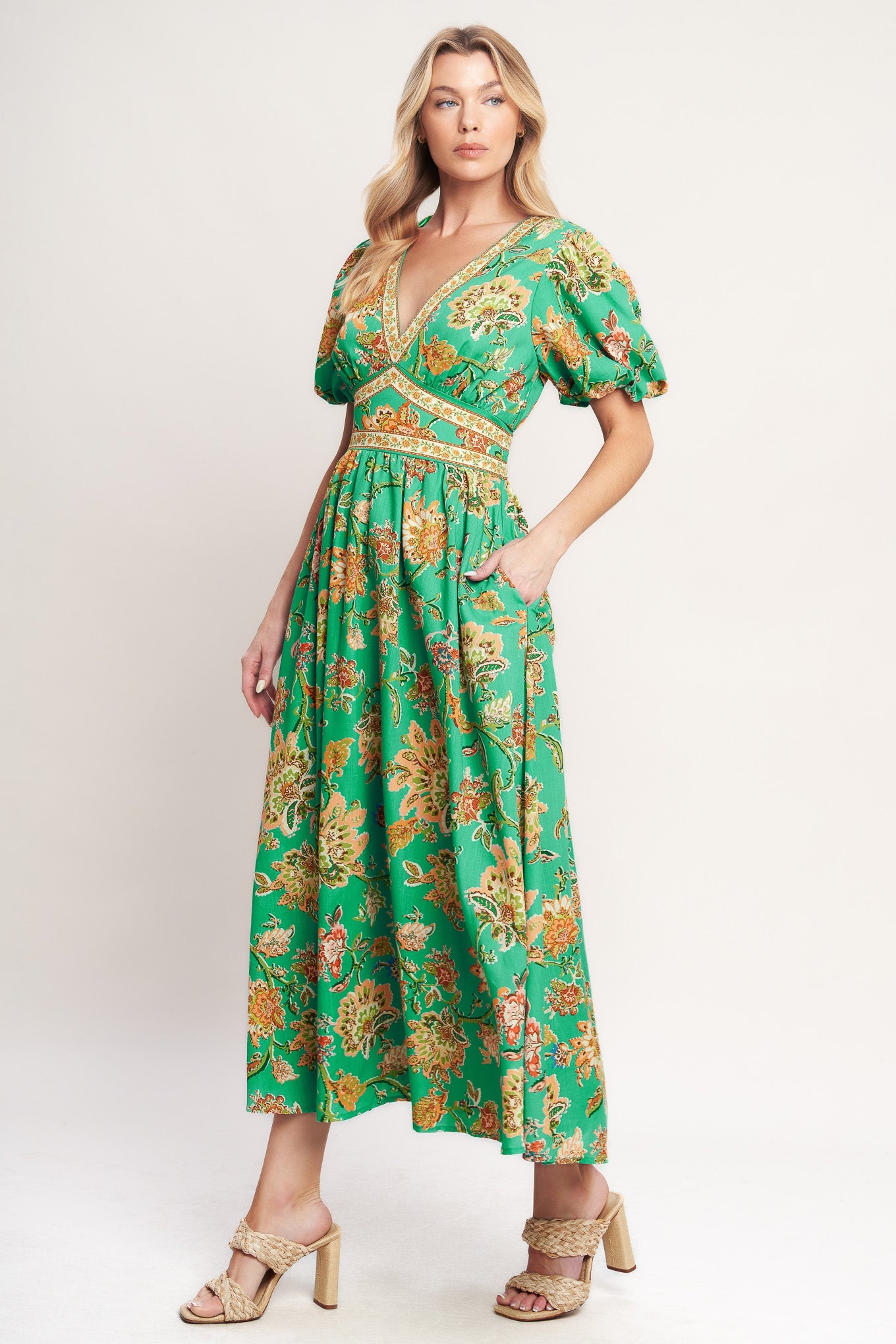Printed V-Neck Puff Sleeve Waist Yoke Woven Midi Dress
