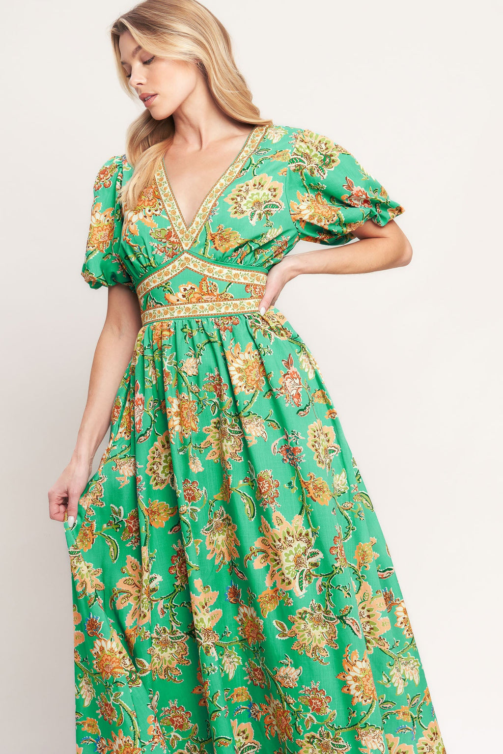 Printed V-Neck Puff Sleeve Waist Yoke Woven Midi Dress