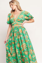 Printed V-Neck Puff Sleeve Waist Yoke Woven Midi Dress