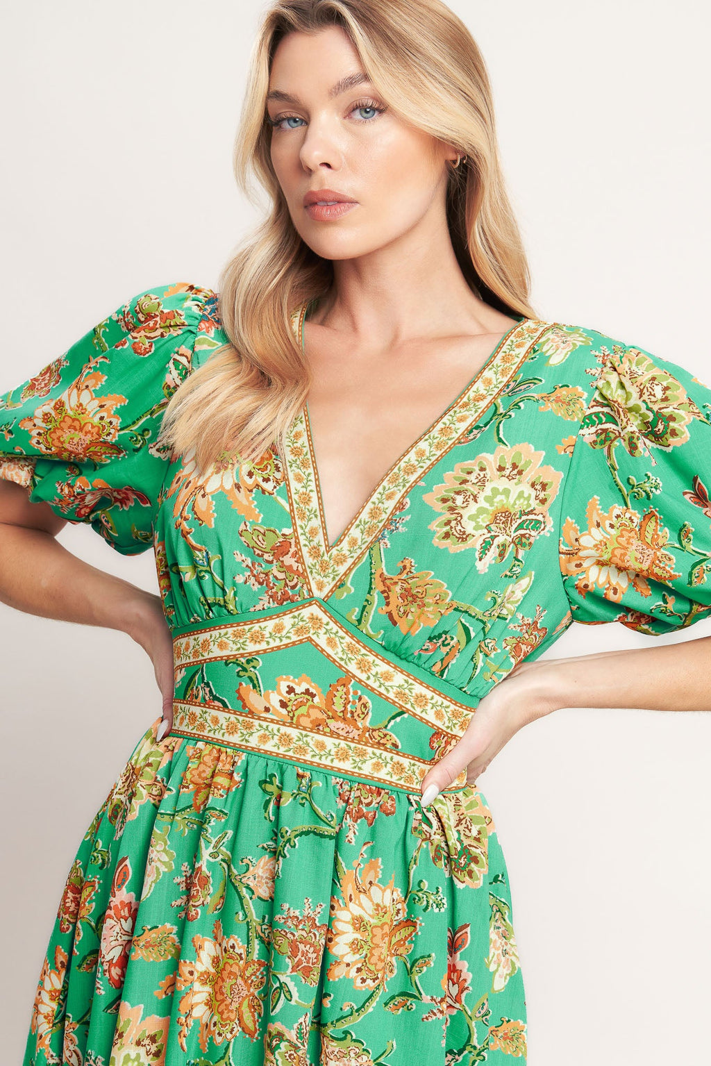 Printed V-Neck Puff Sleeve Waist Yoke Woven Midi Dress
