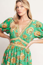 Printed V-Neck Puff Sleeve Waist Yoke Woven Midi Dress