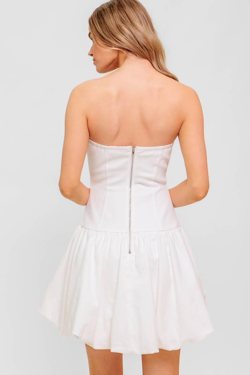 Women’s Strapless Twill Mini Dress – Drop Waist Bubble Hem Party Dress