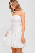 Women’s Strapless Twill Mini Dress – Drop Waist Bubble Hem Party Dress