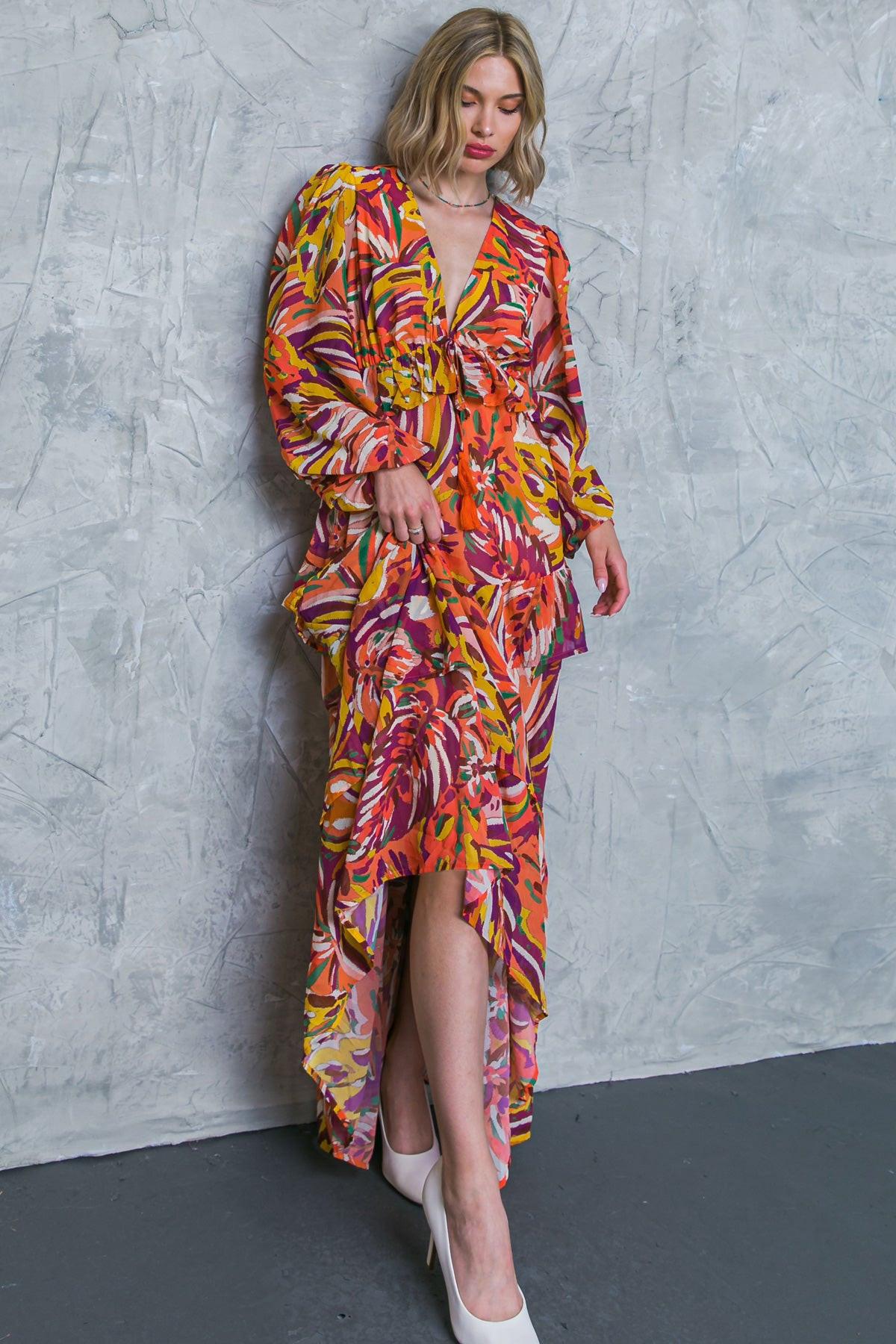 Women’s V-Neck Maxi Dress – Long Sleeve Tiered Ruffle Skirt Elastic Waist Dress