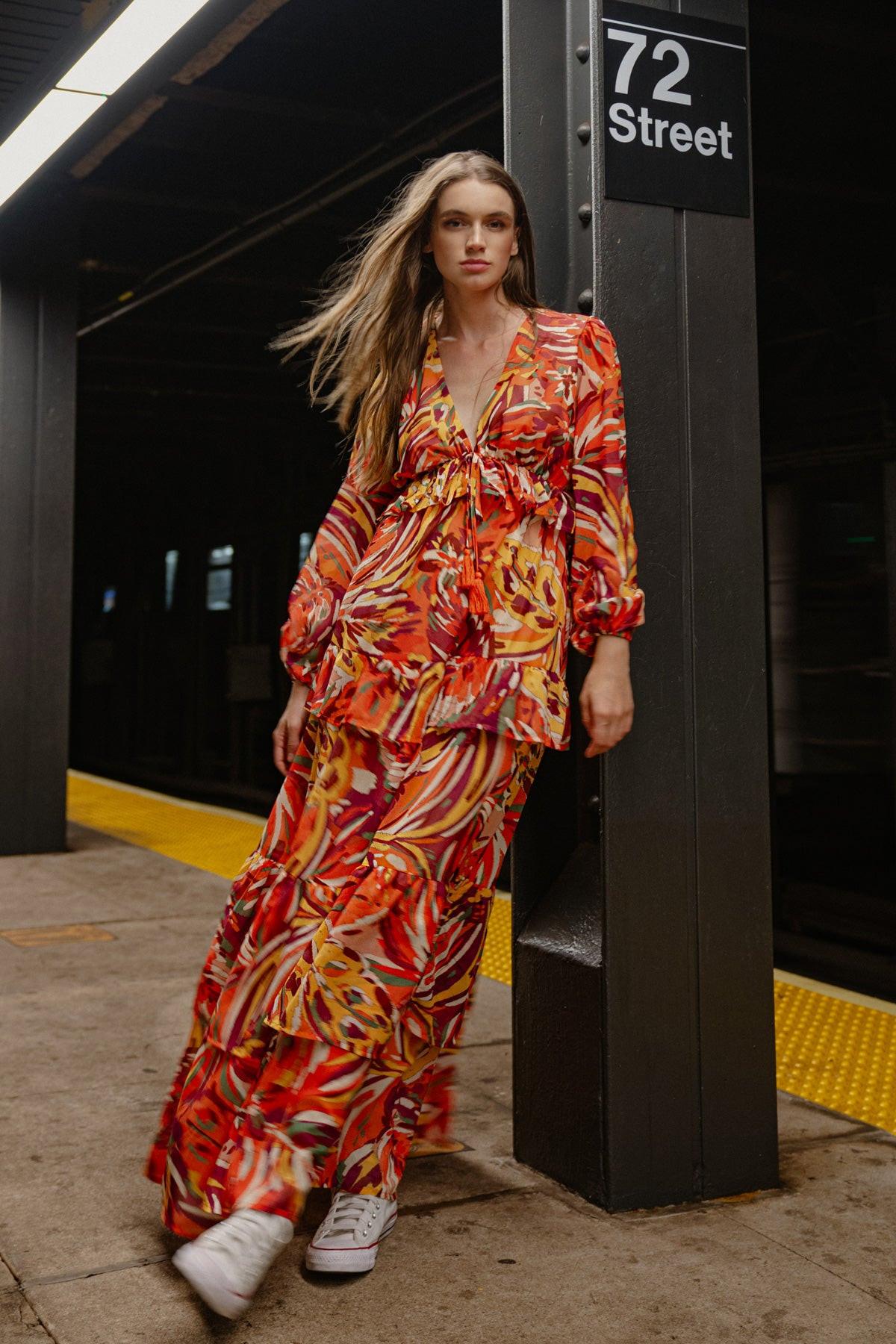 Women’s V-Neck Maxi Dress – Long Sleeve Tiered Ruffle Skirt Elastic Waist Dress