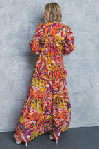 Women’s V-Neck Maxi Dress – Long Sleeve Tiered Ruffle Skirt Elastic Waist Dress